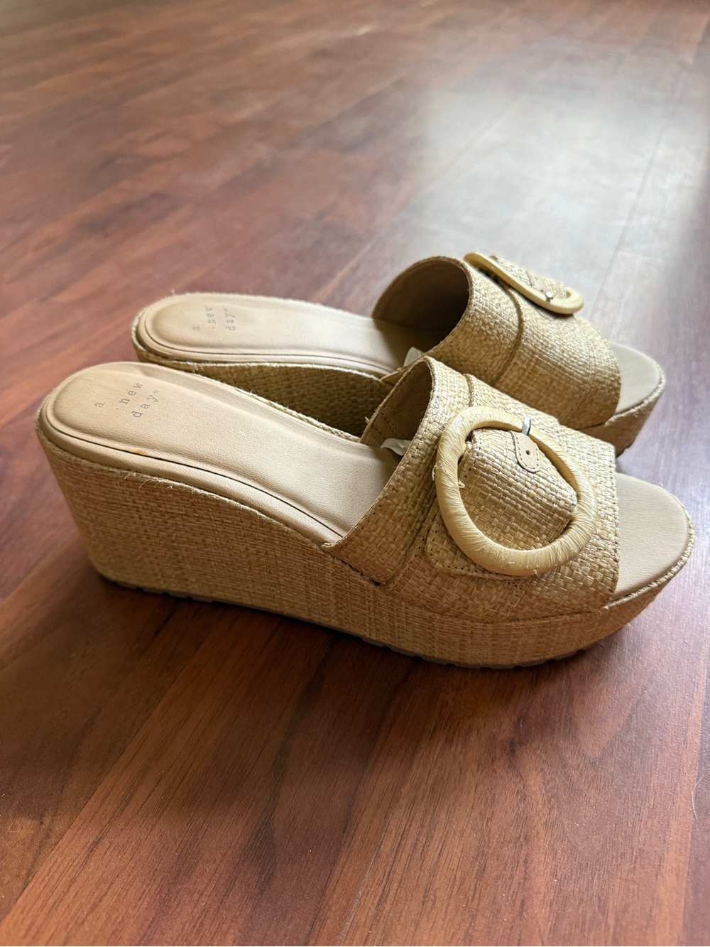 a new day Tan Woven Espadrille Platform Slide Sandals with Round Buckle